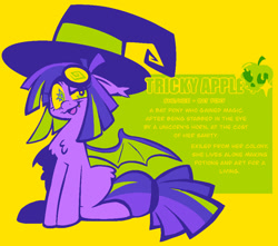 Size: 934x824 | Tagged: safe, artist:tricky_cannon, oc, oc:tricky apple, bat pony, pony, bat pony oc, female, mare, open mouth, reference sheet, simple background, smiling, solo, yellow background