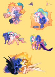 Size: 2480x3508 | Tagged: safe, artist:zheishigeshahaoa, daybreaker, nightmare moon, princess celestia, princess luna, alicorn, g4, armor, book, clothes, crown, dress, ethereal mane, female, helmet, hoof shoes, jewelry, mane of fire, moon, pillow, princess shoes, regalia, royal sisters, siblings, sisters, stars, sun, sunglasses