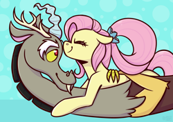 Size: 3508x2480 | Tagged: safe, artist:jellysketch, discord, fluttershy, draconequus, pegasus, pony, g4, my little pony: friendship is magic, boop, cuddling, cute, duo, duo male and female, eyes closed, female, high res, male, mare, older, older fluttershy, profile, ship:discoshy, shipping, smiling, straight