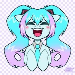 Size: 2894x2894 | Tagged: safe, artist:jellysketch, earth pony, pony, anime, blush lines, blush sticker, blushing, checkered background, eyes closed, female, hatsune miku, mare, open mouth, open smile, smiling, solo, vocaloid