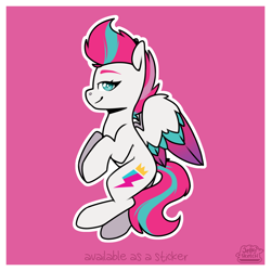 Size: 2894x2894 | Tagged: safe, artist:jellysketch, zipp storm, pegasus, pony, g5, colored wings, female, flying, high res, looking at you, mare, multicolored wings, outline, partially open wings, pink background, profile, side view, signature, simple background, smiling, smiling at you, smirk, solo, tail, white outline, wings