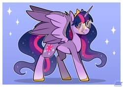 Size: 4093x2894 | Tagged: safe, artist:jellysketch, twilight sparkle, alicorn, pony, g4, blaze (coat marking), coat markings, colored pinnae, colored wings, concave belly, countershading, crown, facial markings, female, glasses, high res, hoof shoes, horn, jewelry, looking at you, mare, pale belly, passepartout, princess shoes, redesign, regalia, slender, smiling, smiling at you, socks (coat markings), solo, sparkles, spread wings, standing, thin, twilight sparkle (alicorn), two toned wings, wings