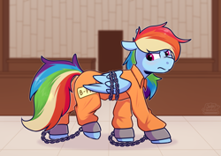 Size: 4093x2894 | Tagged: safe, artist:jellysketch, rainbow dash, pegasus, pony, g4, ankle chain, ankle cuffs, b-f16, bondage, bound wings, butt, chains, clothes, commission, courtroom, cuffs, female, folded wings, grumpy, jumpsuit, mare, plot, prison, prison outfit, prisoner, prisoner rd, solo, wings