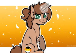 Size: 4093x2894 | Tagged: safe, artist:jellysketch, oc, oc only, oc:heroic armour, pony, unicorn, brown coat, brown mane, brown tail, colt, commission, cute, eye clipping through hair, femboy, foal, glowing, glowing horn, high res, horn, looking at you, magic, magic aura, male, outline, ponytail, raised hoof, simple background, sitting, smiling, smiling at you, solo, sparkles, tail, teenager, unicorn oc, white outline