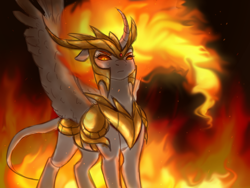 Size: 1600x1200 | Tagged: safe, artist:pjj0, daybreaker, alicorn, pony, g4, armor, curved horn, female, fiery mane, helmet, horn, leonine tail, mare, peytral, slit pupils, solo, spread wings, tail, wings