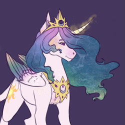 Size: 2449x2449 | Tagged: safe, artist:pjj0, princess celestia, alicorn, pony, g4, colored wings, colored wingtips, curved horn, female, horn, magic, mare, peytral, purple background, simple background, solo, wings