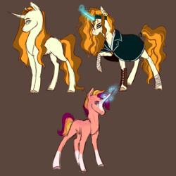 Size: 2449x2449 | Tagged: safe, artist:pjj0, oc, oc only, oc:north star, pony, unicorn, bandage, brother and sister, brown background, cape, clothes, colt, duo, ear piercing, earring, female, foal, headband, horn, jewelry, magic, magical gay spawn, male, mare, next generation, offspring, parent:prince blueblood, parent:sunburst, parents:bloodburst, piercing, scar, siblings, simple background