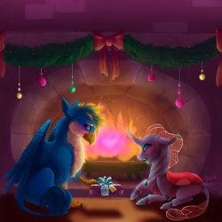 Size: 1024x1024 | Tagged: safe, artist:pjj0, gallus, ocellus, changedling, changeling, griffon, g4, alternate design, blushing, chimney, christmas decoration, commission, cute, cute little fangs, diaocelles, duo, fangs, female, fire, fire of friendship, fireplace, fluffy, gallabetes, looking away, male, present, realistic, realistic anatomy, ship:luslus, shipping, straight