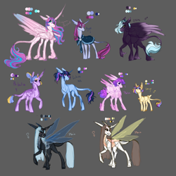 Size: 1024x1024 | Tagged: safe, artist:pjj0, princess flurry heart, oc, oc:agape, oc:eros, oc:lutus, oc:mania, oc:philautia, oc:philia, oc:storge, alicorn, changeling, changeling queen, changepony, earth pony, hybrid, pegasus, pony, unicorn, g4, black sclera, cape, clothes, ear piercing, earring, eye scar, facial scar, female, gray background, hair bun, height difference, horn, interspecies offspring, jewelry, leonine tail, magical lesbian spawn, male, mare, next generation, offspring, older, older flurry heart, parent:princess cadance, parent:queen chrysalis, parent:shining armor, parents:cadalis, parents:shiningcadance, piercing, reference sheet, scar, simple background, slender, slit pupils, spread wings, stallion, tail, tall, thin, unshorn fetlocks, wings