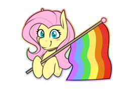 Size: 3508x2480 | Tagged: safe, artist:jellysketch, fluttershy, pegasus, pony, g4, blush lines, blush sticker, blushing, cute, female, gay pride flag, high res, holding a flag, looking at you, mare, pride, pride flag, pride month, rainbow, rainbow flag, shyabetes, simple background, smiling, smiling at you, solo, white background