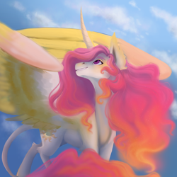 Size: 1024x1024 | Tagged: safe, artist:pjj0, princess celestia, alicorn, pony, g4, female, leonine tail, mare, outdoors, pink-mane celestia, solo, spread wings, tail, wings