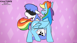 Size: 3840x2160 | Tagged: safe, artist:jellysketch, rainbow dash, oc, oc:snow pup, pegasus, pony, g4, abstract background, blindfold, blushing, butt, canon x oc, duo, duo female, female, floppy ears, high res, kinktober, kinktober 2020, lesbian, looking at someone, mare, open mouth, pegasus oc, plot, seduction, shipping, simple background, sitting, smiling, standing, tail, tail seduce, teasing, wings