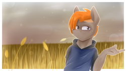 Size: 3840x2160 | Tagged: safe, artist:jellysketch, oc, oc only, oc:carmel, earth pony, anthro, 4k, clothes, earth pony oc, field, food, freckles, high res, simple background, solo, standing, straw in mouth, wheat