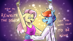 Size: 3840x2160 | Tagged: safe, artist:jellysketch, fluttershy, rainbow dash, pegasus, anthro, g4, armpits, breasts, clothes, crossover, dancing, duo, duo female, eyebrows, eyebrows visible through hair, female, floppy ears, hand on waist, high res, lesbian, open mouth, open smile, rewrite the stars, ship:flutterdash, shipping, simple background, singing, smiling, the greatest showman