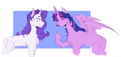 Size: 1878x893 | Tagged: safe, artist:killektric, rarity, twilight sparkle, alicorn, pony, unicorn, g4, alternate hairstyle, blushing, chest fluff, duo, duo female, eyes closed, eyeshadow, female, grin, horn, lesbian, makeup, mare, ship:rarilight, shipping, smiling, twilight sparkle (alicorn), unshorn fetlocks