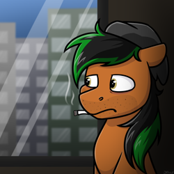 Size: 3000x3000 | Tagged: safe, artist:jellysketch, oc, oc only, oc:patutu, earth pony, pony, cigarette, city, cityscape, doomer, earth pony oc, hat, high res, indoors, male, sad, smoking, solo, stallion, window