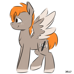 Size: 3000x3000 | Tagged: safe, artist:jellysketch, oc, oc only, oc:carmel, pegasus, pony, freckles, high res, pegasus oc, profile, side view, simple background, smiling, solo, spread wings, tail, white background, wings