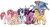 Size: 780x418 | Tagged: safe, artist:stygios, applejack, fluttershy, pinkie pie, rainbow dash, rarity, twilight sparkle, alicorn, earth pony, pegasus, pony, unicorn, g4, braid, braided tail, chest fluff, flying, glasses, horn, leonine tail, magic, mane six, mare, simple background, sitting, tail, twilight sparkle (alicorn), unshorn fetlocks, white background