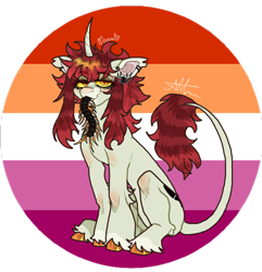 Size: 780x809 | Tagged: safe, artist:stygios, oc, oc only, centipede, pony, spider, unicorn, curved horn, ear piercing, earring, female, horn, jewelry, leonine tail, lesbian pride flag, mare, piercing, ponies eating insects, pride, pride flag, sitting, slit pupils, solo, tail, unshorn fetlocks