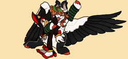 Size: 780x358 | Tagged: safe, artist:stygios, oc, oc only, oc:techno sketch, hedgehog, pegasus, pony, arm warmers, clothes, colored wings, colored wingtips, duo, male, open mouth, shadow the hedgehog, sonic the hedgehog (series), spread wings, wings