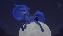 Size: 3840x2176 | Tagged: safe, ai assisted, ai content, artist:truekry, generator:tponynai3, princess luna, alicorn, pony, g4, cloud, ethereal mane, ethereal tail, female, horn, looking at you, mare, moon, night, outdoors, solo, stars, tail, wallpaper, wings