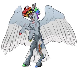 Size: 992x871 | Tagged: safe, artist:stygios, rainbow dash, pegasus, pony, g4, alternate design, aviator goggles, chest fluff, ear piercing, earring, eye scar, facial scar, fangs, female, goggles, goggles on head, jewelry, mare, nose piercing, nose ring, open mouth, piercing, rearing, scar, simple background, solo, spread wings, unshorn fetlocks, white background, wings