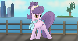 Size: 4096x2160 | Tagged: safe, artist:suryfromheaven, suri polomare, earth pony, g4, clothes, coast, female, looking at you, manehattan, mare, ocean, outdoors, pose, scarf, statue of liberty, water