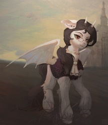 Size: 2204x2560 | Tagged: safe, artist:rvsd, oc, oc only, oc:draconis taaldis, bat pony, pony, castle, clothes, commission, fangs, glasses, horns, outdoors, slit pupils, solo