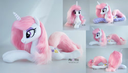 Size: 2400x1386 | Tagged: safe, artist:meplushyou, fleur-de-lis, pony, g4, clothes, concave belly, irl, lying down, photo, plushie, prone, slender, socks, solo, thin