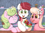 Size: 4776x3516 | Tagged: safe, artist:dandy, daisy, flower wishes, lily, lily valley, roseluck, earth pony, pony, g4, bouquet, copic, eyes closed, female, flower, flower in hair, flower trio, looking at you, mare, open mouth, open smile, rose, smiling, traditional art