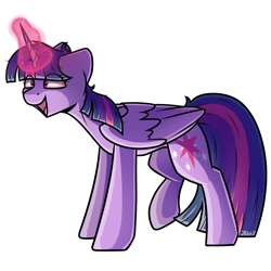 Size: 4000x4000 | Tagged: safe, artist:jellysketch, twilight sparkle, alicorn, pony, g4, absurd resolution, bloodshot eyes, crazy face, drugs, eye clipping through hair, faic, female, folded wings, glowing, glowing horn, highlight sparkle, horn, magic, magic aura, mare, open mouth, shading, shadow, simple background, solo, tail, twilight sparkle (alicorn), white background, wings