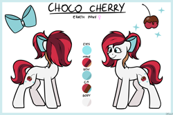 Size: 3000x2000 | Tagged: safe, artist:jellysketch, oc, oc only, oc:choco cherry, earth pony, pony, bow, cherry, earth pony oc, female, food, hair bow, high res, mare, reference sheet, simple background, smiling, solo, tail, white background