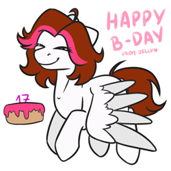 Size: 2000x2000 | Tagged: safe, artist:jellysketch, oc, oc only, pegasus, pony, birthday, birthday art, birthday cake, birthday gift, cake, cute, eyes closed, female, food, heart, high res, mare, pegasus oc, simple background, smiling, solo, spread wings, white background, wings