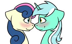 Size: 3000x1850 | Tagged: safe, artist:jellysketch, bon bon, lyra heartstrings, sweetie drops, earth pony, pony, unicorn, g4, adorabon, blushing, boop, bust, canon ship, cute, duo, duo female, eye contact, female, high res, horn, lesbian, looking at each other, looking at someone, lyrabetes, mare, noseboop, portrait, profile, ship:lyrabon, shipping, side view, simple background, smiling, smiling at each other