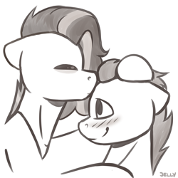 Size: 3000x3000 | Tagged: safe, artist:jellysketch, oc, oc only, pegasus, pony, blushing, couple, cute, duo, eyes closed, forehead kiss, grayscale, high res, kissing, monochrome, oc x oc, profile, shipping, side view, simple background, sketch, smiling, white background