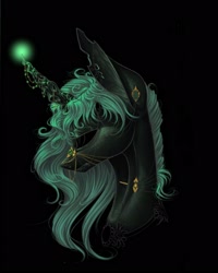 Size: 1728x2160 | Tagged: safe, artist:yanisfucker, oc, oc only, pony, unicorn, black background, bust, ear piercing, earring, female, horn, horn jewelry, jewelry, magic, mare, neck piercing, old art, peytral, piercing, portrait, simple background, solo, sternocleidomastoid