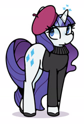 Size: 1287x1917 | Tagged: safe, artist:kindakismet, rarity, pony, unicorn, g4, beatnik rarity, beret, clothes, hat, horn, simple background, smiling, solo, sparkles, sweater, white background