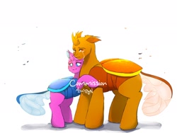 Size: 2048x1536 | Tagged: safe, artist:mikkybun, oc, oc only, changedling, changeling, commission, crying, duo, hug, simple background, white background