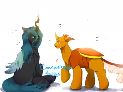 Size: 2048x1536 | Tagged: safe, artist:mikkybun, queen chrysalis, oc, changedling, changeling, changeling queen, g4, commission, crying, duo, female, simple background, sitting, watermark, white background