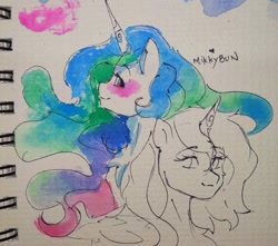 Size: 2048x1811 | Tagged: safe, artist:mikkybun, princess celestia, princess luna, alicorn, pony, g4, blushing, duo, female, looking at each other, looking at someone, looking back, mare, traditional art, watercolor painting