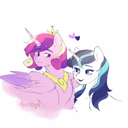 Size: 2048x2048 | Tagged: safe, artist:mikkybun, princess cadance, shining armor, alicorn, pony, unicorn, g4, blushing, chest fluff, duo, female, floating heart, gleaming shield, heart, horn, jewelry, looking at each other, looking at someone, male, mare, peytral, prince bolero, regalia, rule 63, ship:gleaming bolero, ship:shiningcadance, shipping, simple background, stallion, straight, white background