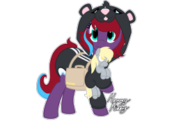 Size: 2360x1640 | Tagged: safe, artist:mommymidday, derpy hooves, oc, oc only, oc:charming dazz, pony, skunk, unicorn, g4, bag, clothes, costume, diaper, diaper fetish, diaper under clothes, female, fetish, hoof hold, horn, kigurumi, looking at you, mare, mare oc, non-baby in diaper, onesie, outline, plushie, saddle bag, signature, simple background, skunk costume, tail, transparent background, two toned mane, two toned tail, unicorn oc, white outline