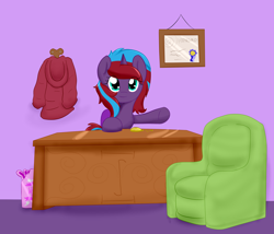 Size: 3500x3000 | Tagged: safe, artist:ricktin, oc, oc only, oc:charming dazz, pony, unicorn, armchair, bag, certificate, chair, clock, clothes, diaper, diaper bag, diaper package, female, female oc, horn, implied diaper fetish, implied mental regression, indoors, looking at you, mare, mare oc, office, pocket watch, shirt, sitting, table, two toned mane, unicorn oc, waving