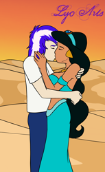 Size: 1100x1800 | Tagged: safe, alternate version, artist:linedraweer, oc, oc:carlos, oc:lightning burn, human, equestria girls, g4, aladdin, canon x oc, commission, desert, disney, disney princess, female, happy, humanized, kissing, male, princess jasmine, straight