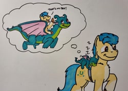 Size: 2048x1457 | Tagged: safe, artist:hoofclid, hitch trailblazer, sparky sparkeroni, dragon, earth pony, pony, g5, baby, baby dragon, dragons riding ponies, dream, duo, duo male, male, marker drawing, older, older sparky sparkeroni, onomatopoeia, ponies riding dragons, riding, riding a pony, sleeping, smiling, sound effects, sparky riding hitch trailblazer, stallion, thought bubble, traditional art, zzz