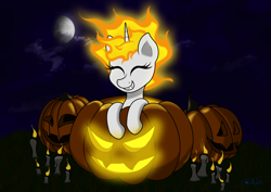 Size: 2400x1700 | Tagged: safe, artist:anix_space, daybreaker, alicorn, pony, mlp fim's fourteenth anniversary, g4, candle, female, filly, foal, halloween, halloween 2024, holiday, mane on fire, moon, night, pumpkin, smiling, solo