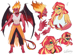 Size: 1200x900 | Tagged: safe, artist:sadscruffy, sunset shimmer, human, equestria girls, g4, alternate design, black sclera, clothes, elf ears, female, mid-transformation, midriff, open mouth, sharp teeth, simple background, solo, sunset satan, teeth, torn clothes, torn ear, transformation, white background, wide mouth