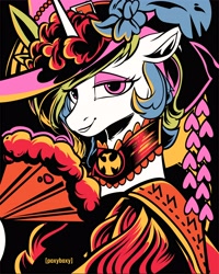 Size: 2880x3600 | Tagged: safe, artist:poxy_boxy, princess celestia, alicorn, pony, g4, black background, bust, choker, clothes, dia de los muertos, dress, fan, female, floppy ears, flower, hat, lidded eyes, looking at you, mare, signature, simple background, smiling, smiling at you, solo