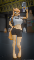 Size: 2160x3840 | Tagged: safe, artist:cappyadams, earth pony, anthro, unguligrade anthro, 3d, belly, belly button, blender, blender eevee, breasts, clothes, crossover, female, hand on hip, hooves, indoors, inkling girl, nintendo, ponified, short shirt, shorts, solo, splatoon, splattershot jr., watermark