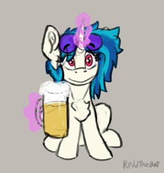 Size: 745x785 | Tagged: safe, artist:reddthebat, dj pon-3, vinyl scratch, alicorn, pony, g4, alcohol, beer, chest fluff, female, glasses, glasses on head, glowing, glowing horn, gray background, horn, levitation, looking at you, magic, mare, mug, signature, simple background, smiling, smiling at you, solo, sunglasses, telekinesis, wrong eye color